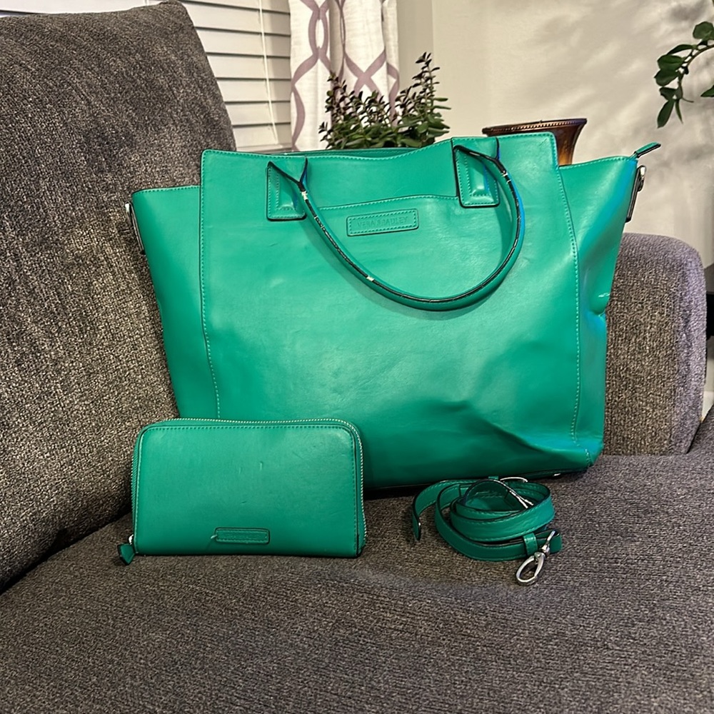 Green Vera Bradley Tote Bag with matching wallet - faux leather